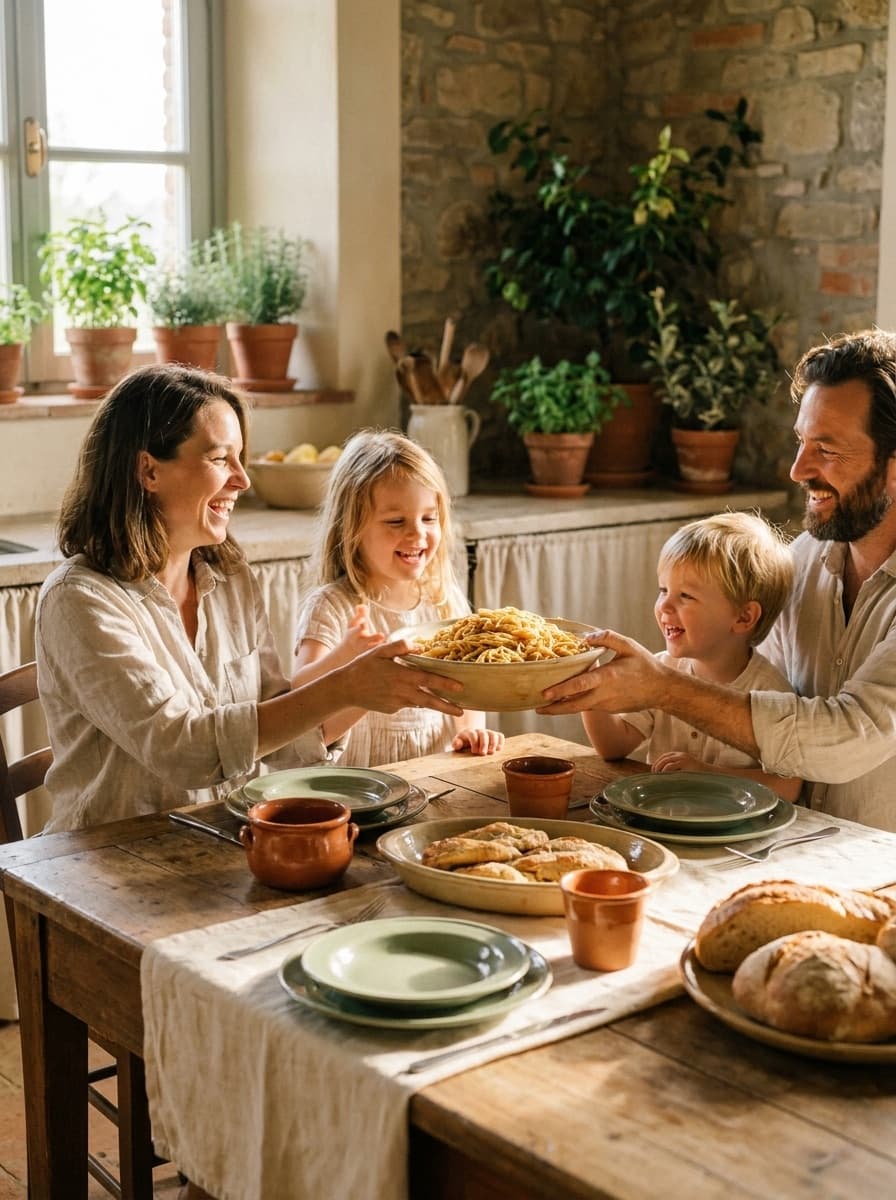 Una famiglia felice a tavola che condivide un piatto di pasta nella luce calda del pomeriggio