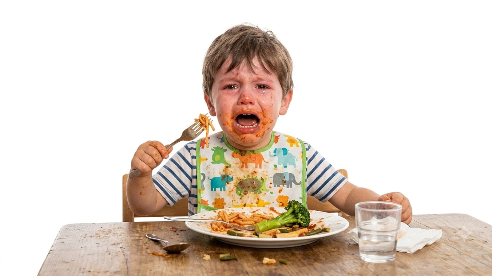 Un bambino piange a tavola davanti a un piatto di pasta con verdure appena assaggiato