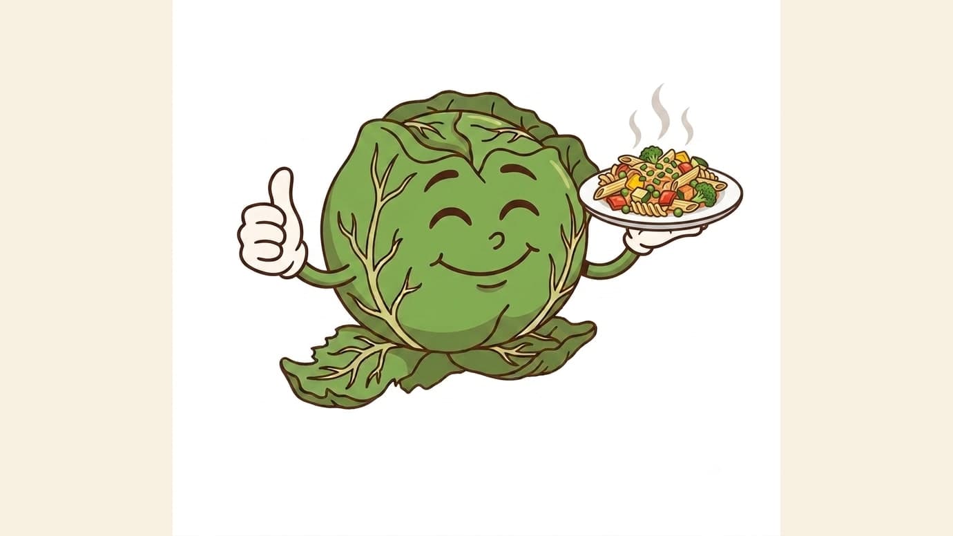 Illustrazione dello stesso cavolo antropomorfo, questa volta sorridente e con le foglie a posto