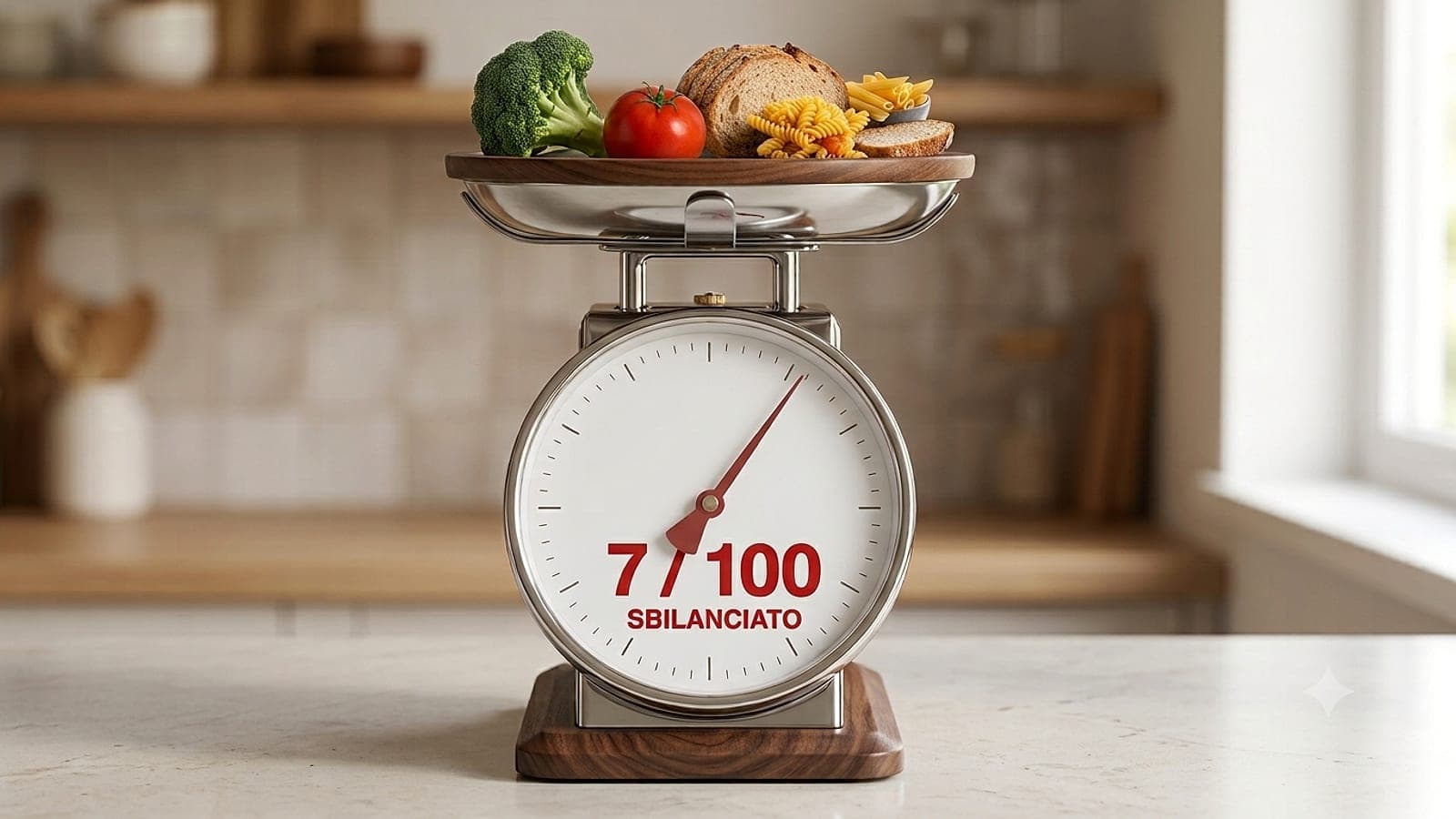 Una bilancia da cucina con pane, pasta e verdure sul piatto e il punteggio 7 su 100 stampato sul quadrante al posto dei grammi