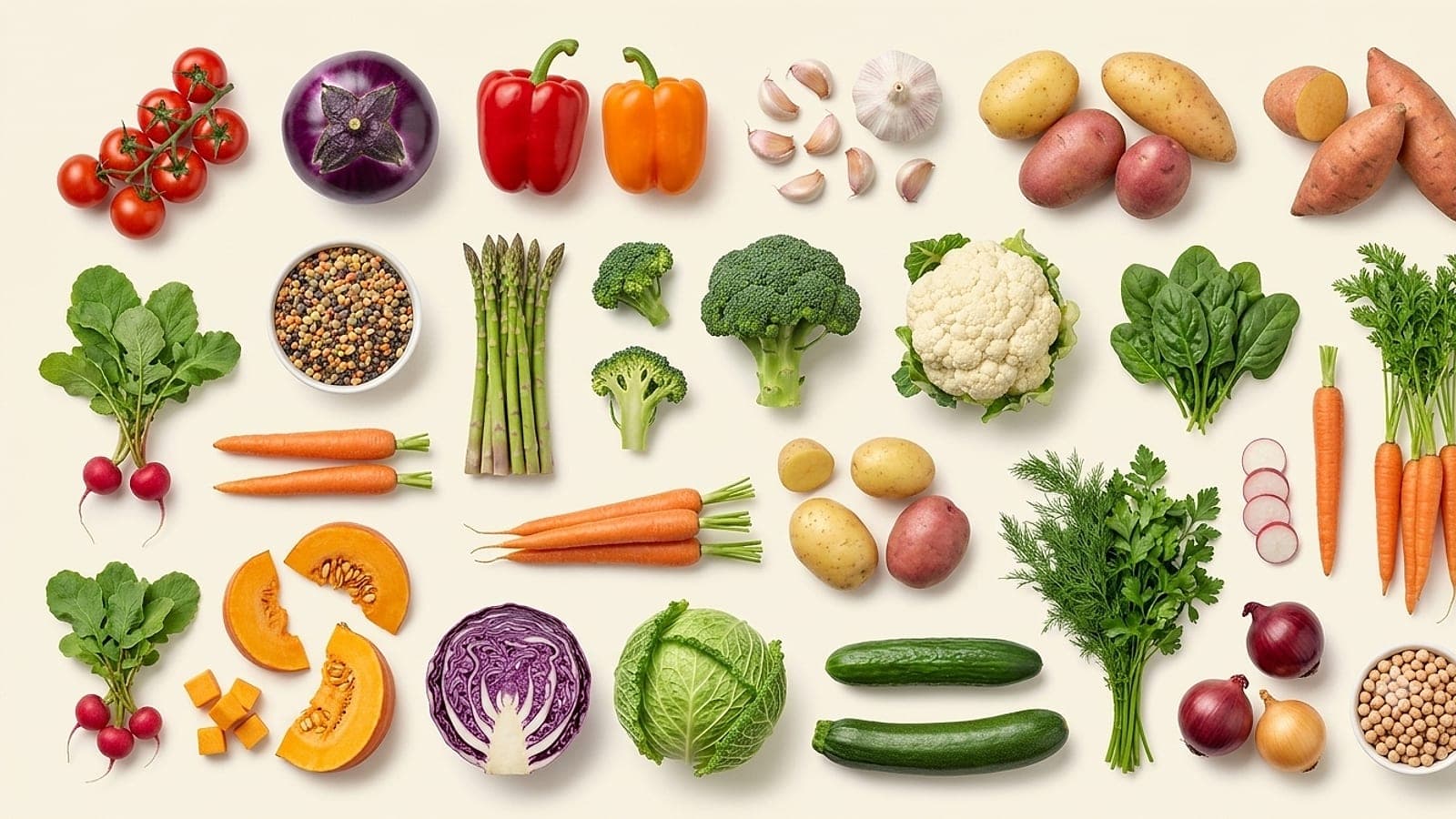 Ortaggi disposti su fondo chiaro: pomodori, melanzane, peperoni, broccoli, cavolfiore, spinaci, carote, zucca e anche patate e patate dolci