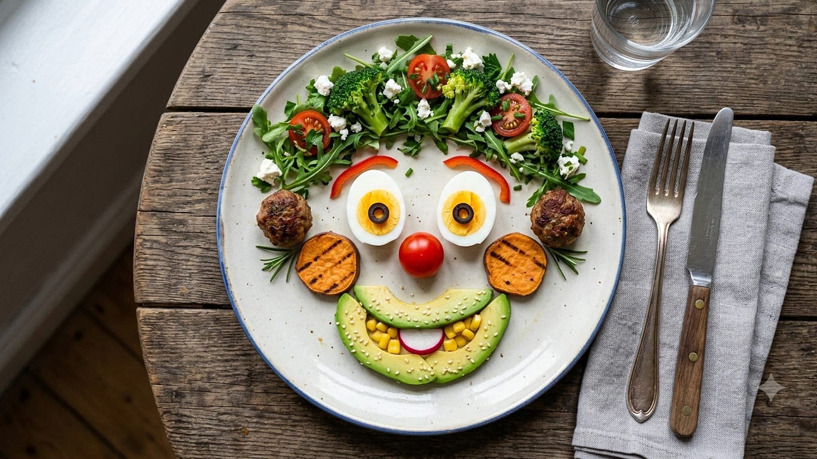 Un piatto composto a faccia sorridente con uova sode, avocado, broccoli, pomodorini e patate dolci