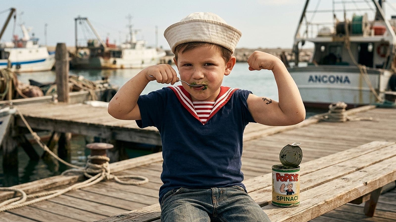 Un bambino vestito da marinaio mangia spinaci da una scatoletta e mostra i muscoli sul molo