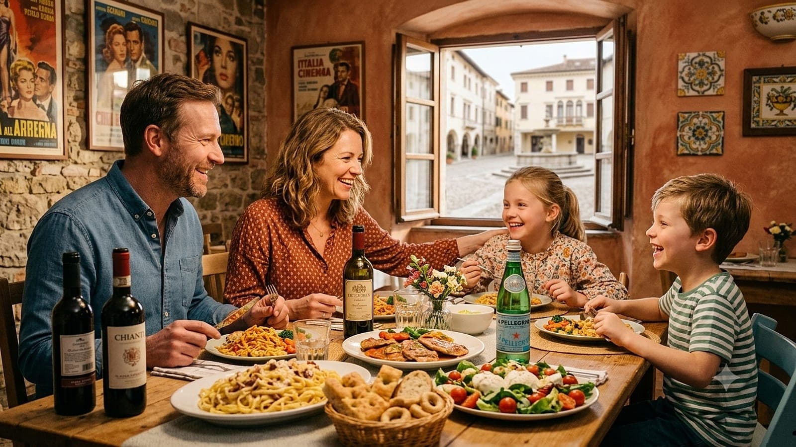 Una famiglia italiana di quattro persone che ride a tavola davanti a pasta, secondi e insalata