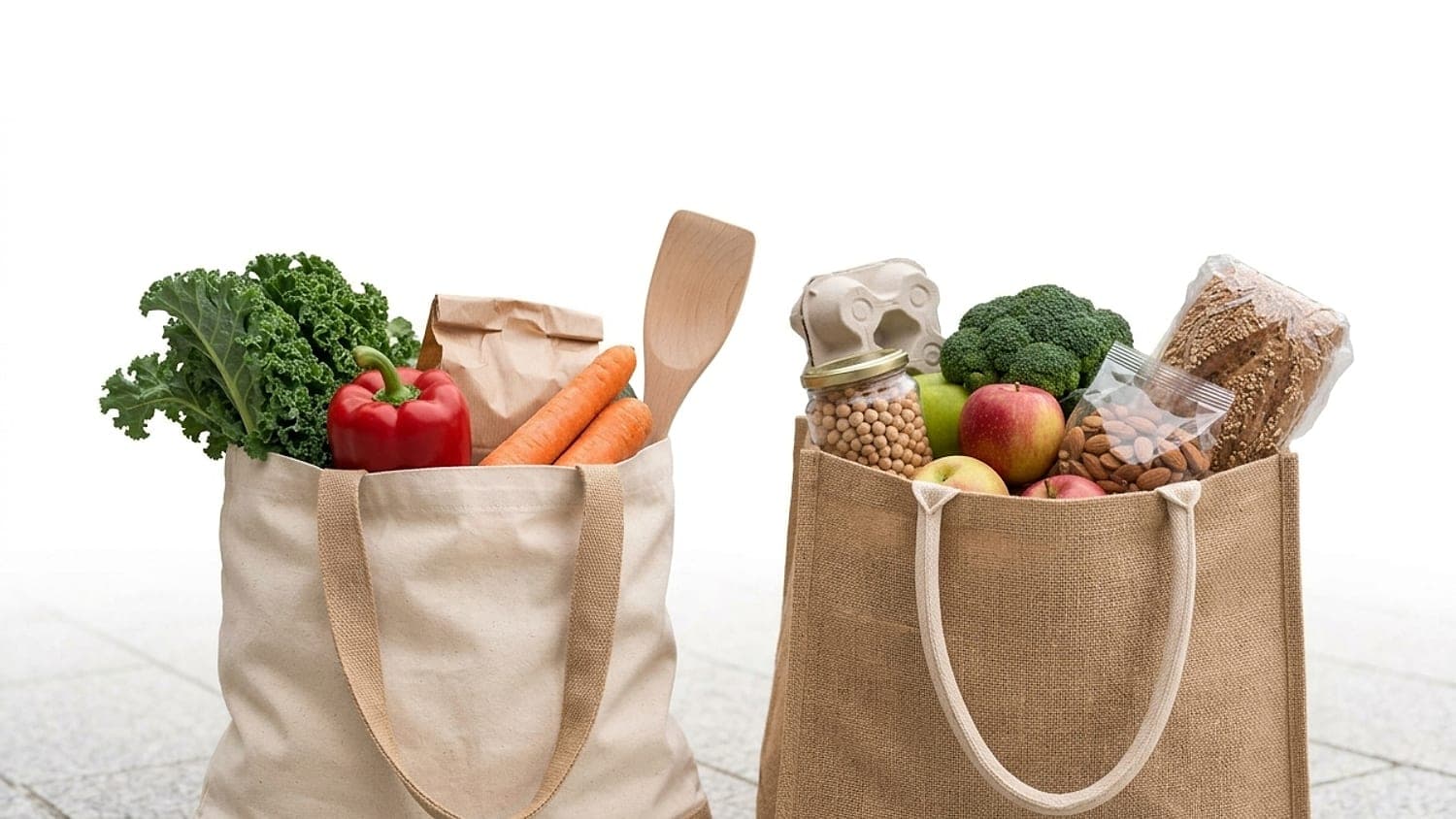 Due borse della spesa in tela piene di verdure, frutta, legumi, pane integrale e frutta secca