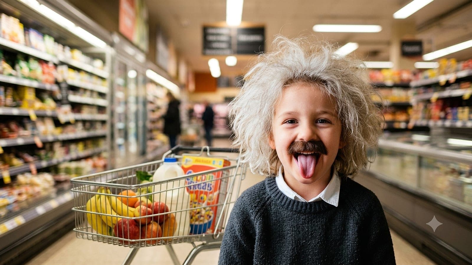 Un bambino travestito da Einstein con il carrello della spesa in un supermercato