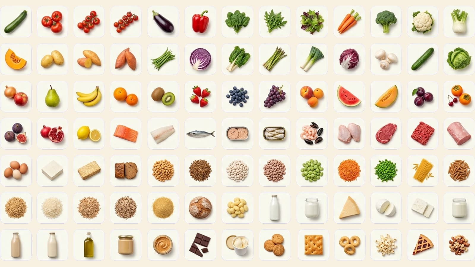 Griglia di alimenti divisi per gruppo: verdure, frutta, proteine, legumi, cereali, latticini, condimenti e sfizi